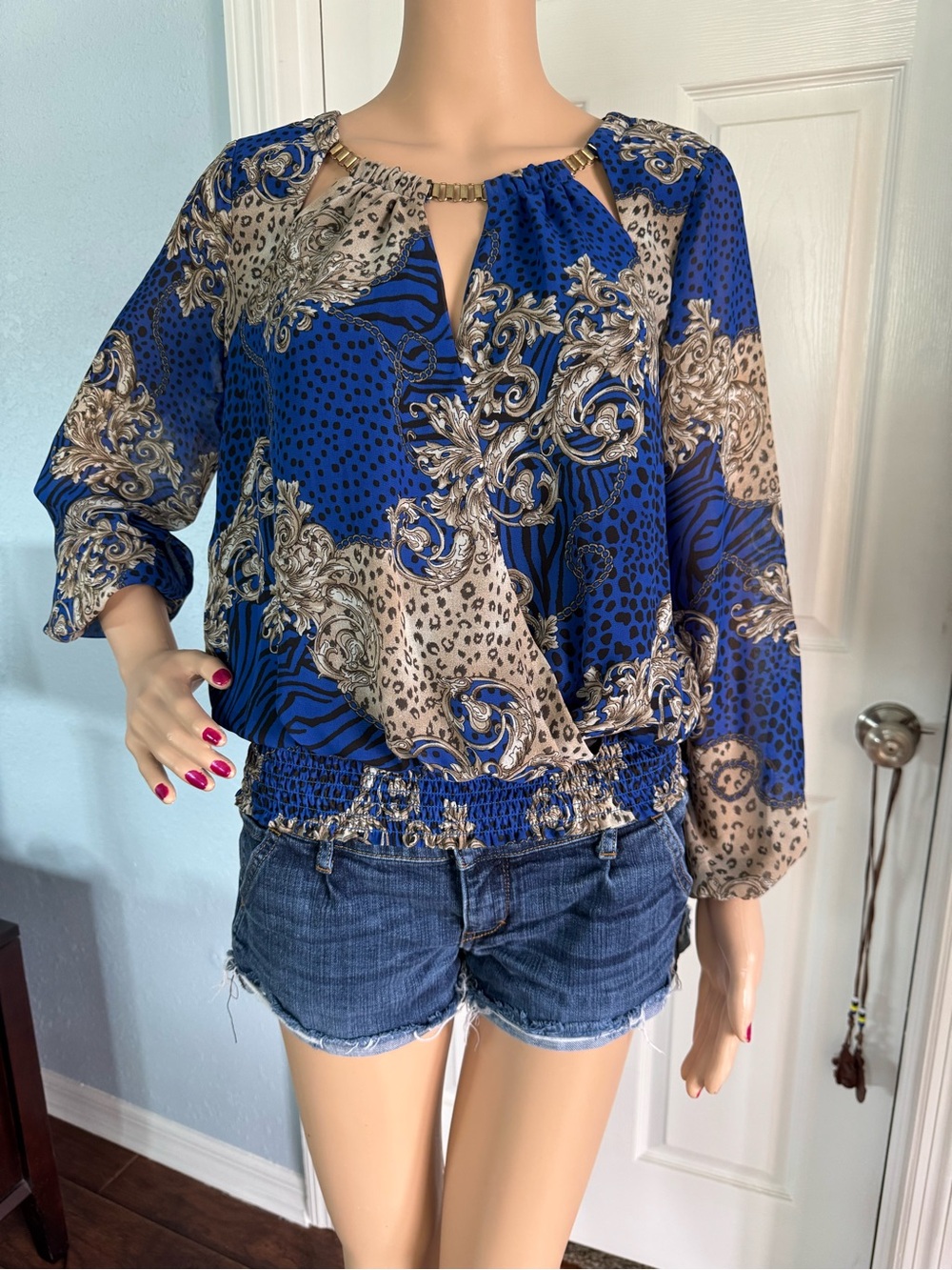 Thalia Sodi Royal Blue and Beige Printed Blouson Top with Gold Accent